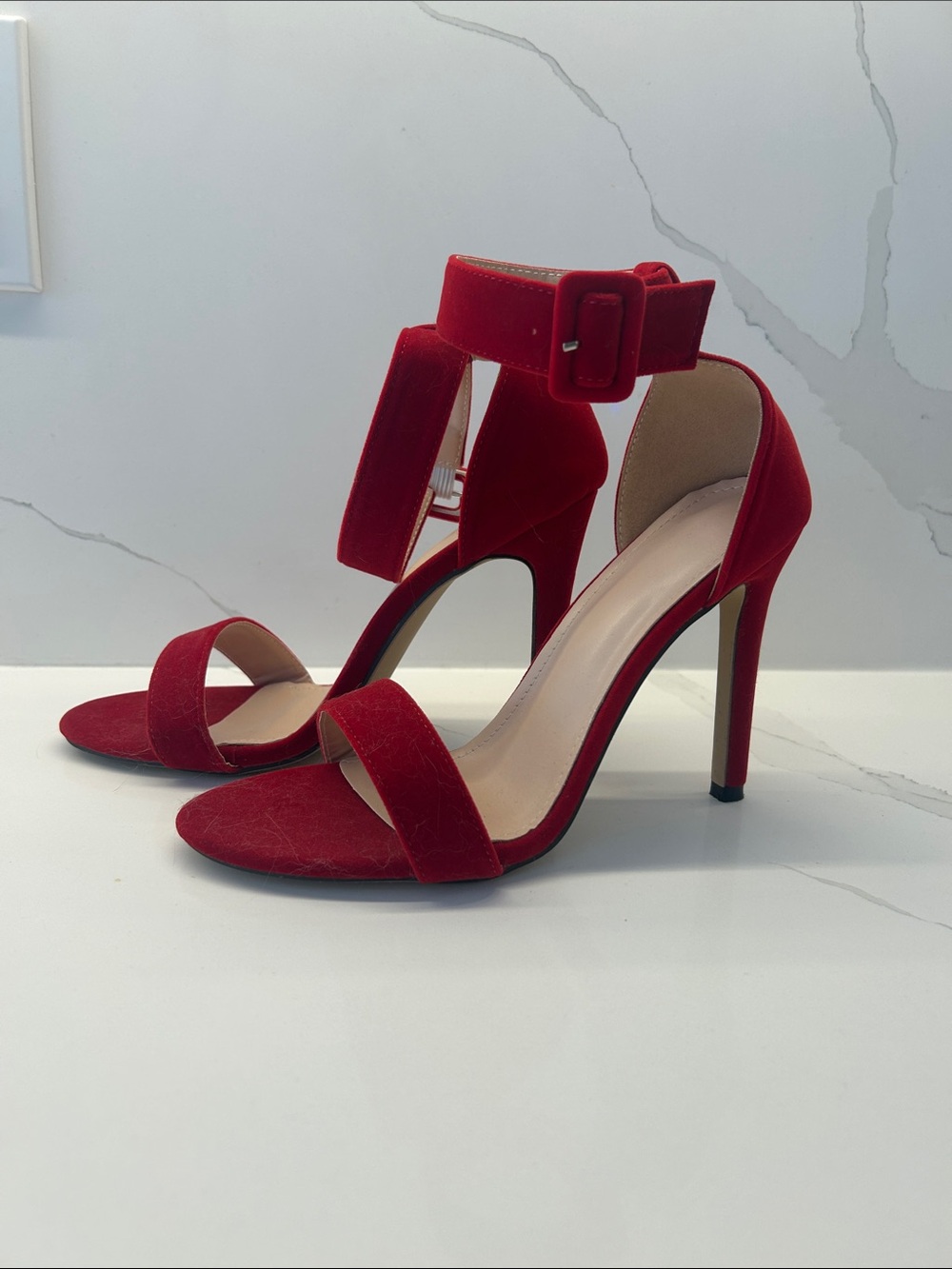 Red High Heel Ankle Strap Sandals - Women